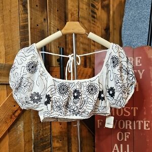 306 Free People White Crop Top with Black Floral Embroidery
